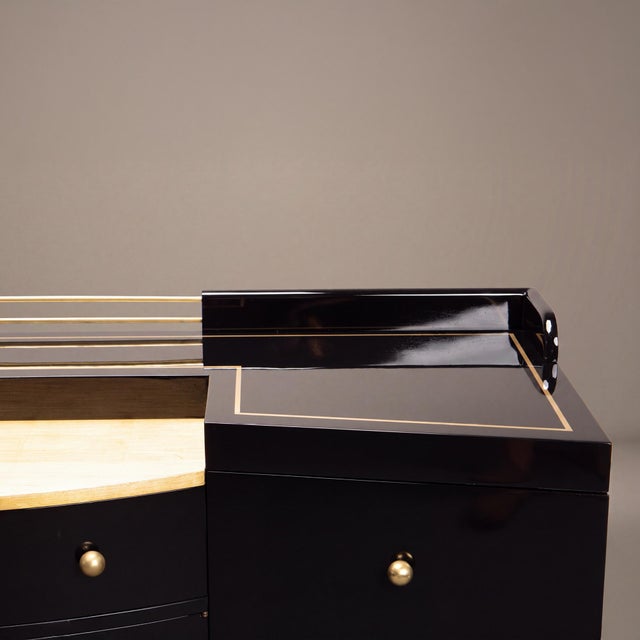Black Art-Deco Bar Cabinet in High-Gloss Piano Black With Brass Hardware & Gold Leaf For Sale - Image 8 of 9