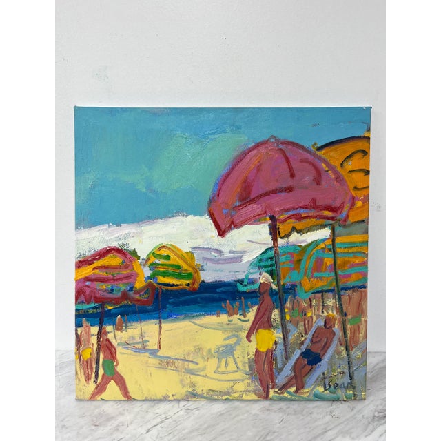 A beautiful impressionistic seascape oil painting on canvas, showcasing a calming mix of blue, aqua, soft white, and sandy...