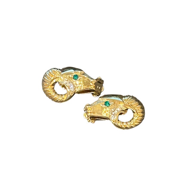 Mid-Century Modern Vintage KJL for Avon Ram Head Clip-on Earrings – Kenneth Jay Lane 1980s Gold-Toned Statement Jewelry, A Pair For Sale - Image 3 of 6