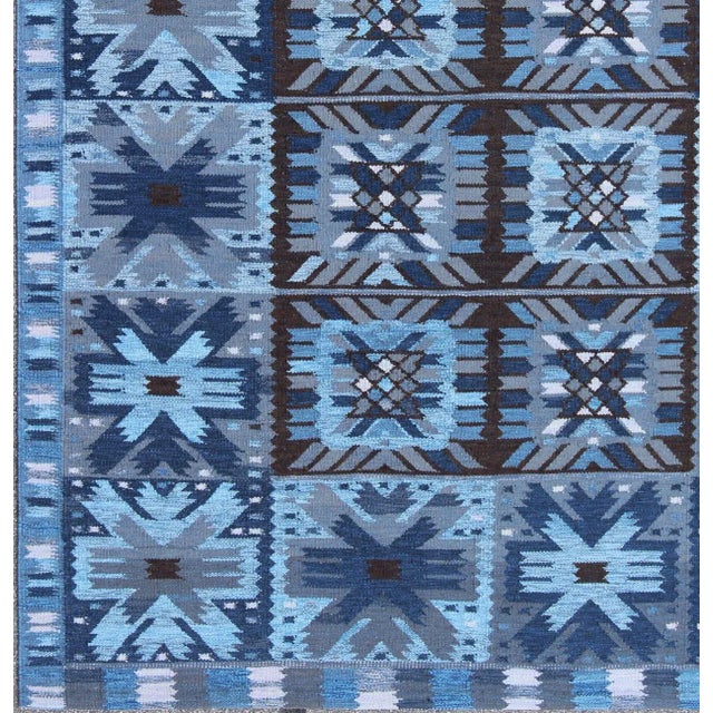 Mid-Century Modern Scandinavian Flat-Weave Rug in Blue & Brown by Keivan Woven Arts 9'0 X 12'0 For Sale - Image 3 of 6