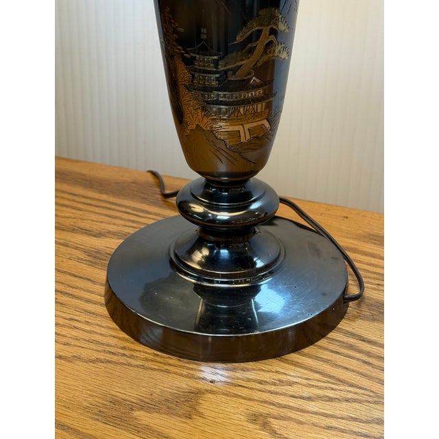 Mid 20th Century Japanese Black Bronze Japanese Etched Table Lamps, Pair For Sale In San Francisco - Image 6 of 12