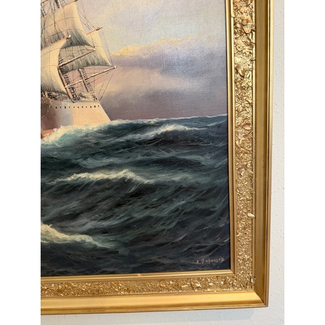 Danish Artist B. Johansen Vintage Dramatic Marine Seascape Oil Painting Framed For Sale - Image 12 of 13