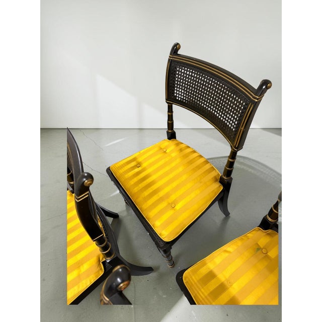 Late 20th Century Set of Six Baker Furniture Regency Ebonized and Parcel Gilt Cane Dining Chairs For Sale - Image 12 of 14