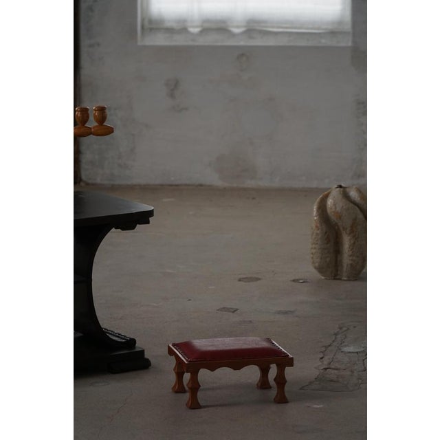 Mid-Century Danish Carved Oak Ottoman with Red Leather Seat, 1950s For Sale - Image 9 of 16