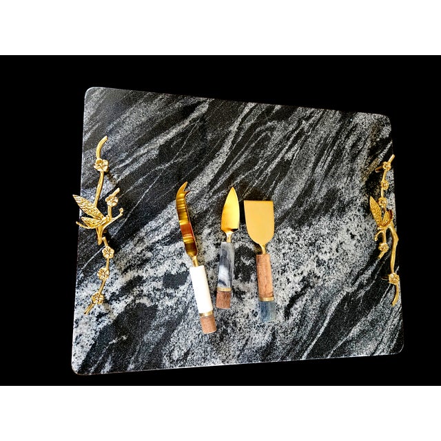 Contemporary One-of-a-Kind Seafoam Black Marble & Brass Hardware - Serving Platter 16"x20" - With Gauri Kohli Marble Knives Included For Sale - Image 4 of 9