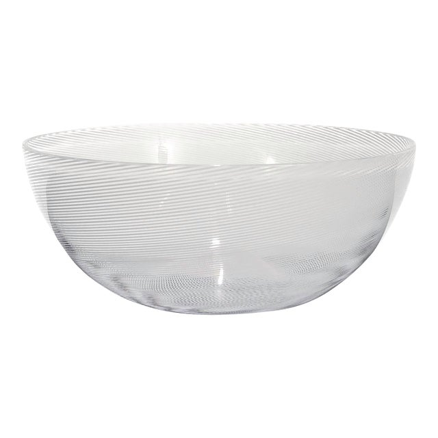 1980's Signed Venini White Mezza Filigrana Murano Glass Bowl For Sale