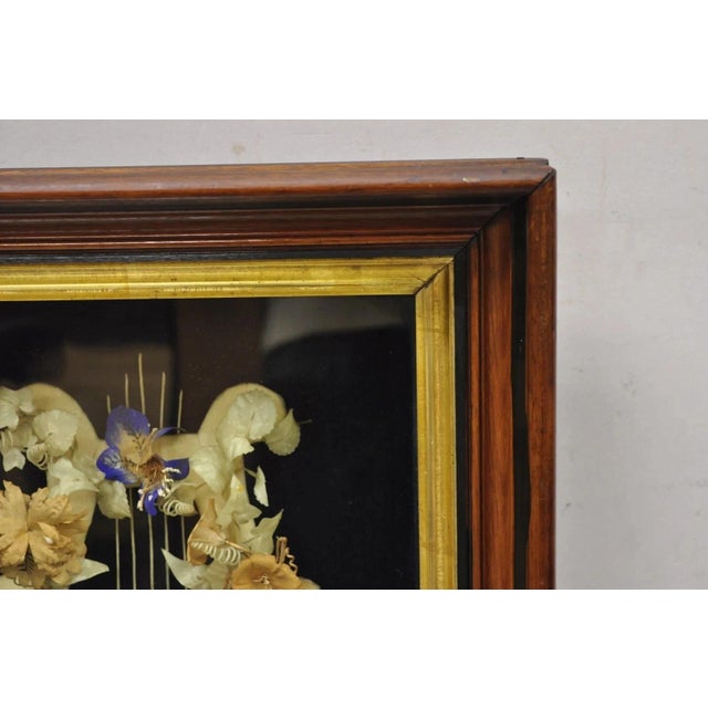 Wood Antique Victorian Harp Design Flower Mourning Wreath Mahogany Shadow Box Frame For Sale - Image 7 of 11