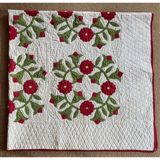 Late 19th Century Antique Late 19th / Early 20th Century Hand Sewn Marriage Quilt With Rose of Sharon Wreaths For Sale - Image 5 of 10