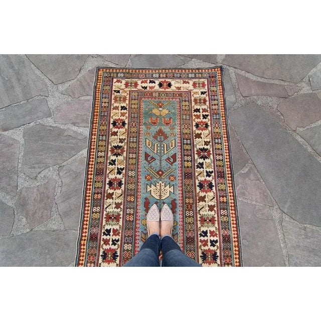 1880s Antique Shirvan Geometric Blue Hand Knotted Wool Pile Runner Rug - 3’9” x 9’4” For Sale - Image 4 of 10