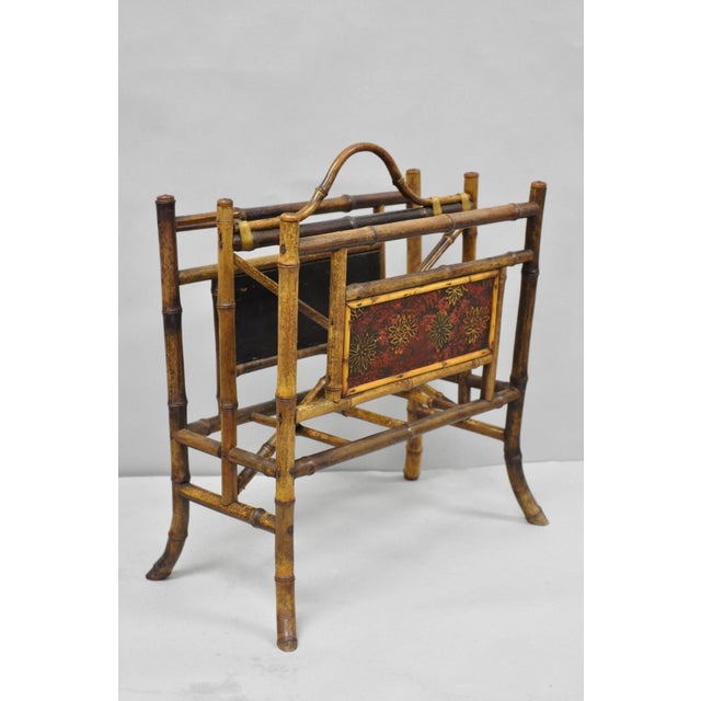 Antique English Victorian Bentwood Bamboo Fretwork Canterbury Two Section Magazine Rack Stand with Red Lacquer Decorated...