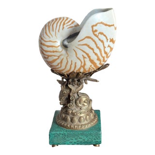 Mid 20th Century Porcelain Nautilus Shell Cup on Figural Brass Mount With Malachite-Style Base For Sale