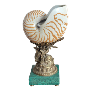 Mid 20th Century Porcelain Nautilus Shell Cup on Figural Brass Mount With Malachite-Style Base