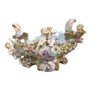 Antique Dresden Style Porcelain Putti Centerpiece Jardiniere With Applied Flowers For Sale