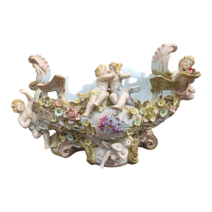 Antique Dresden Style Porcelain Putti Centerpiece Jardiniere With Applied Flowers