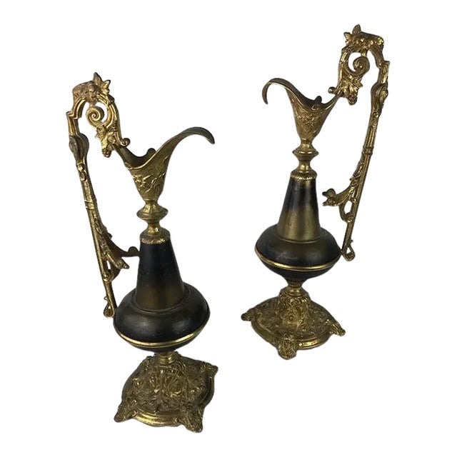 Vintage Elegant Brass Mantel Pitchers / Ewers - a Pair For Sale