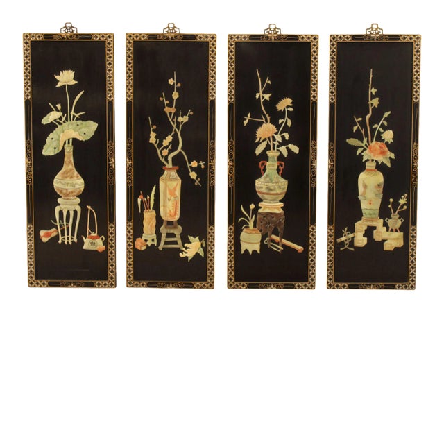 Vintage Chinese Lacquered Carved Soapstone Panels - Set of 4 For Sale