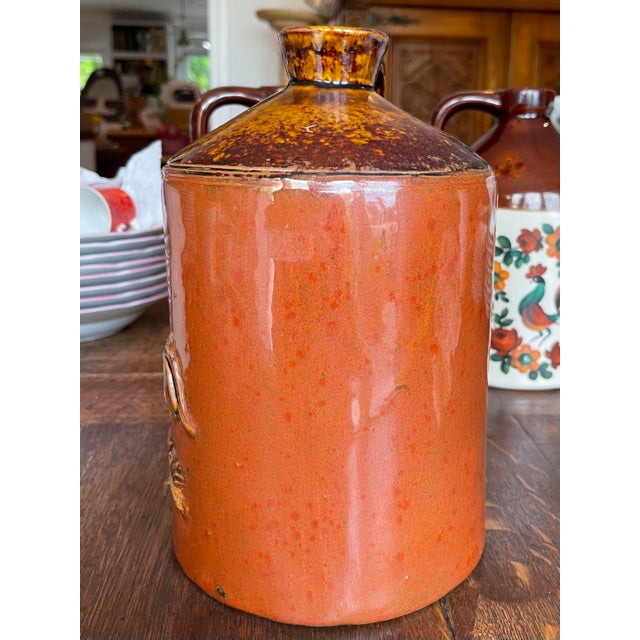 Mid 20th Century Vintage Stoneware Ceramic Two-Toned Gloss Glazed Red & Brown Whiskey Jug Rooster Relief Motif Farmhouse Country For Sale In Los Angeles - Image 6 of 8
