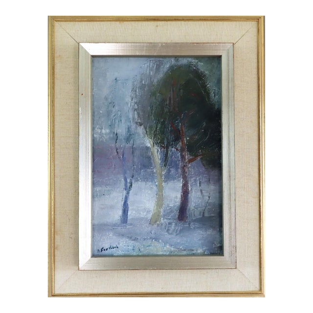 Mid-Century Modern 'Hushed Trees' Vintage Original Landscape Oil Painting, Framed For Sale