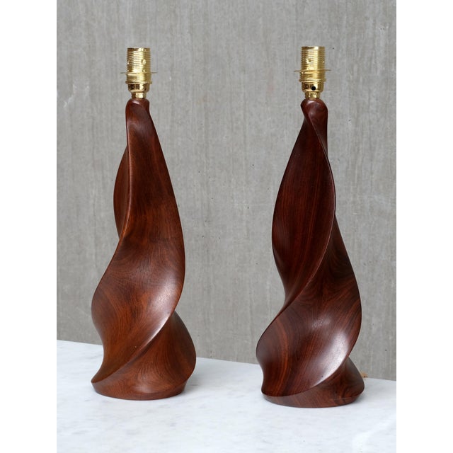 Sculptural Table Lamps in Mahogany by Claude Chauvy, France, 1950s, Set of 2 For Sale - Image 12 of 17