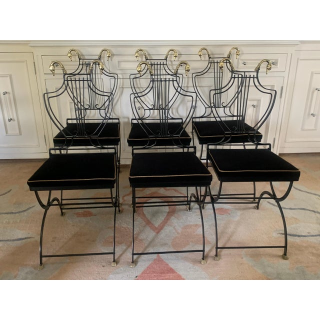 Maison Jansen Brass Swan and Black Lyre Back Folding Chairs with Claw feet - Set of 6 For Sale - Image 11 of 13