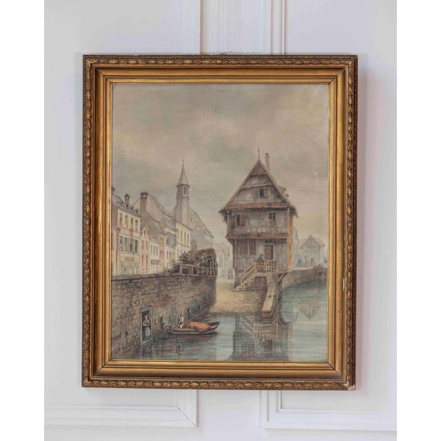 Rustic European 19th Century European Canal Townscape with Half-Timbered Architecture, Oil Painting For Sale - Image 3 of 8