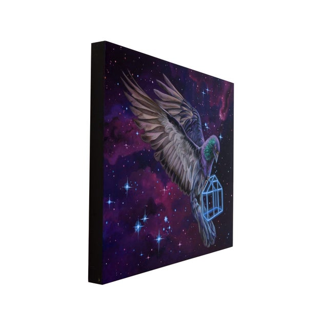 Contemporary Hold On Tight by Gigi Chen | Acrylic on Wood Panel Bird carrying a blue cage in a cosmic background. For Sale - Image 3 of 4