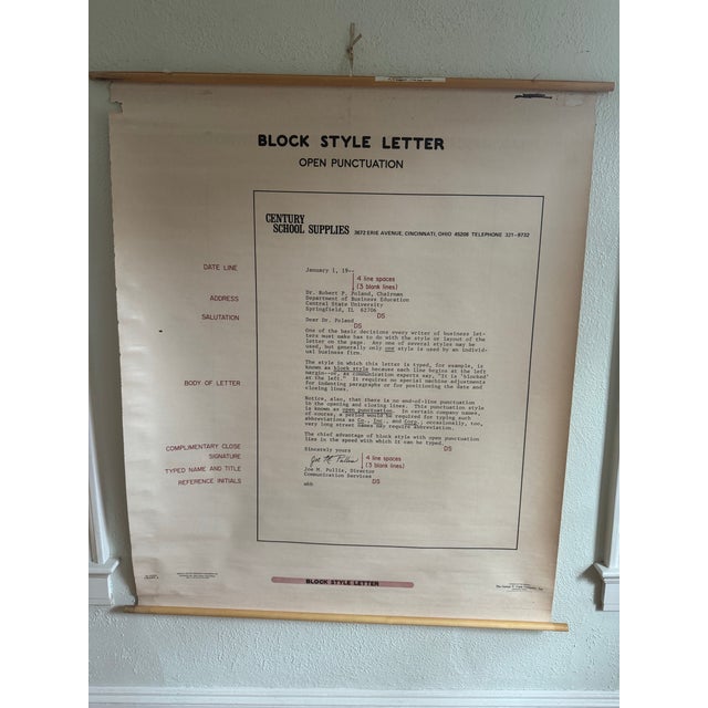 Original mid-century classroom instructional chart illustrating manuscript formatting and typewriter techniques. Produced...