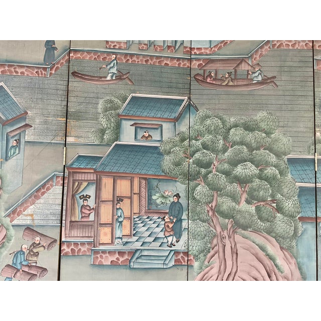 Antique Chinese Export Six Panel Watercolor Floor Screen, Hand-Painted For Sale - Image 12 of 12