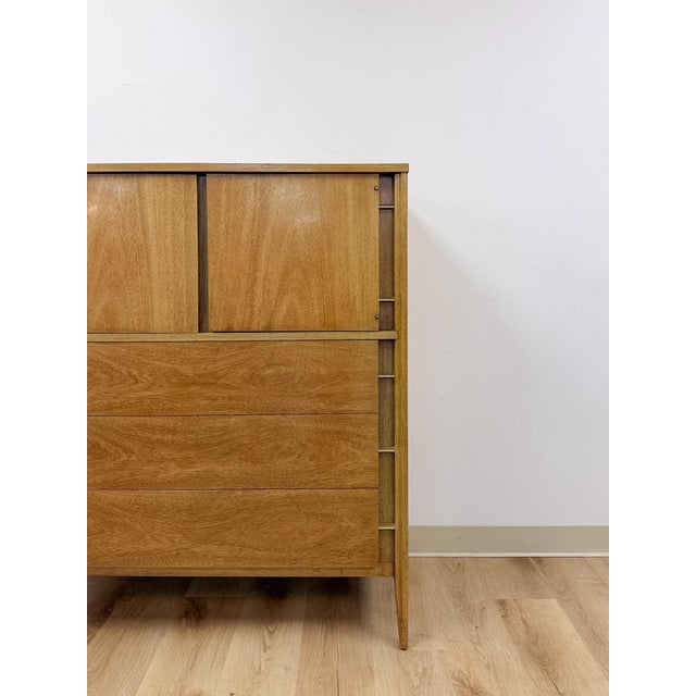 Mid 20th Century Mid Century Tallboy Dresser MCM Five Drawer Brass Accent Warm Gray Tone Wood For Sale - Image 5 of 14