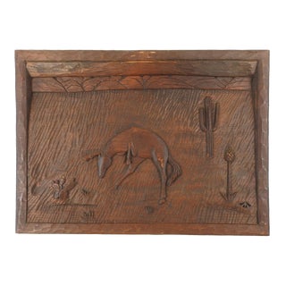 Vintage Folk Art Bucking Horse Cactus & Desert Wood Relief Carving For Sale