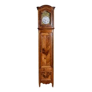French Cherry Grandfathers Clock, Brass Face and Striking Bell For Sale