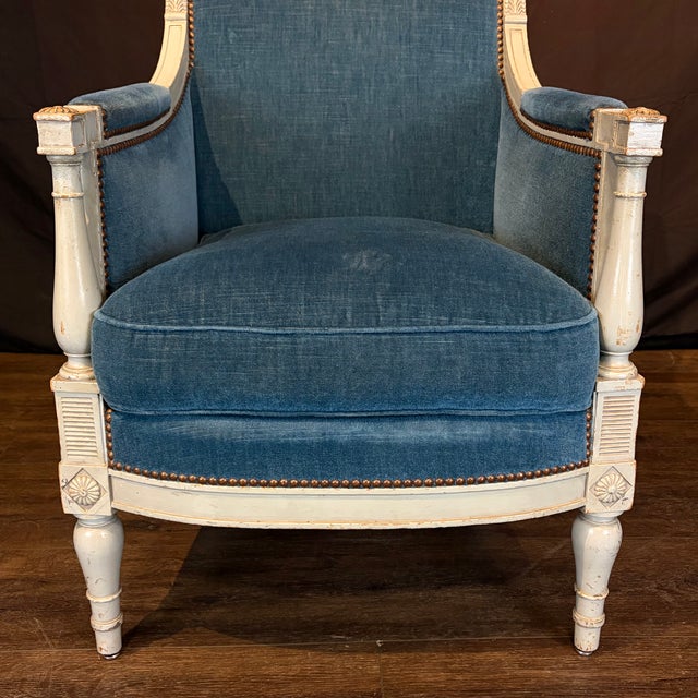 Neoclassical Antique French Neoclassical Painted Armchairs or Bergères in Blue Mohair- A Pair For Sale - Image 3 of 11