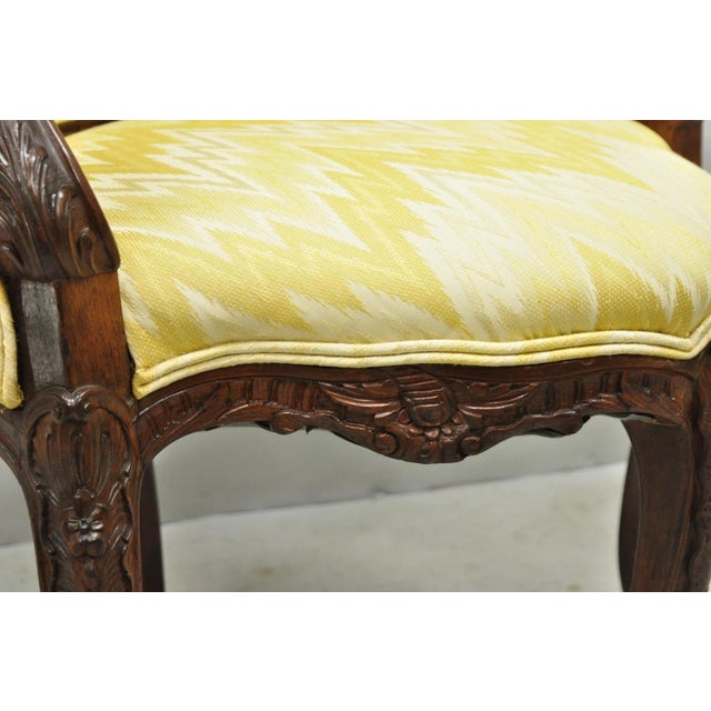 Antique French Louis XV Style Carved Walnut Yellow Fabric Boudoir Lounge Chair For Sale - Image 11 of 14