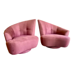 1980s Vintage UltraSuede Round Flared Oversized Corkscrew Barrel Swivel Chairs in the Manner of Vladimir Kagen Nautilus - a Pair