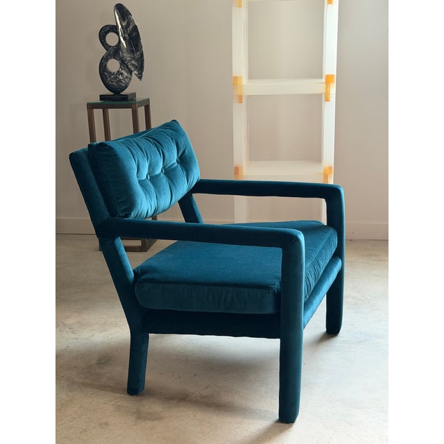 Absolutely glowing deep emerald velvet pair of Parsons Lounge Chairs. Re-Upholstered September 2026 in this rich deep,...