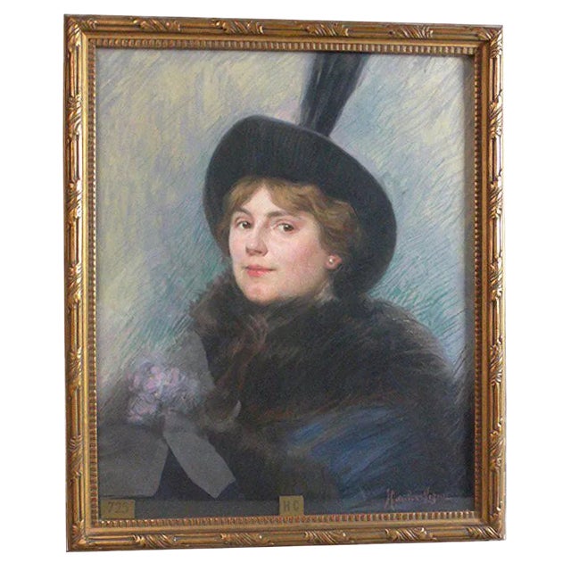 Humbert-Vignot, Art Deco Style Portrait, Pastel For Sale