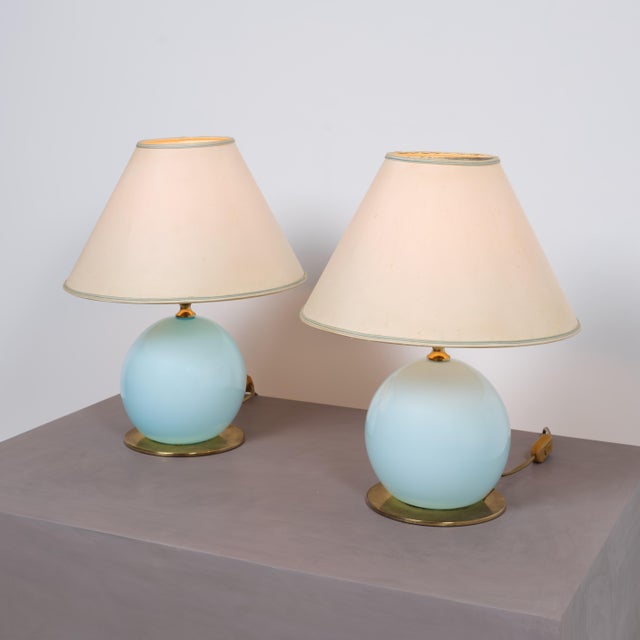 Mid-Century Modern Mid-Century Italian Blue Glass and Brass Table Lamps, 1950s, Set of 2 For Sale - Image 3 of 8