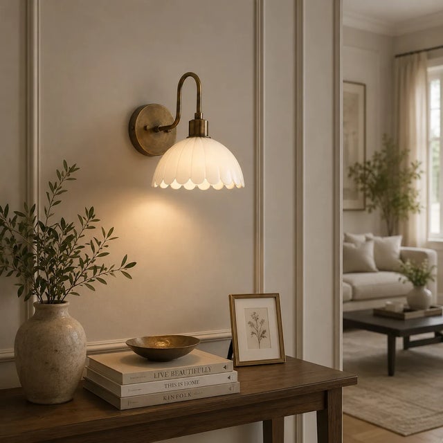 Not Yet Made - Made To Order Handcrafted Brass Wall Sconce With Scalloped Opal Glass Shade, Bedroom Wall Lamp For Sale - Image 5 of 8