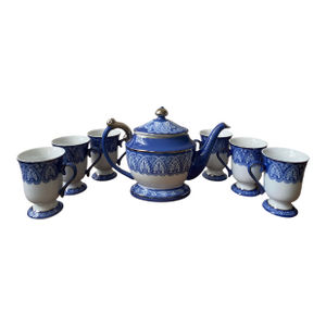 Vintage Bombay Company Cobalt Blue & White Set with Teapot & 6 Cups