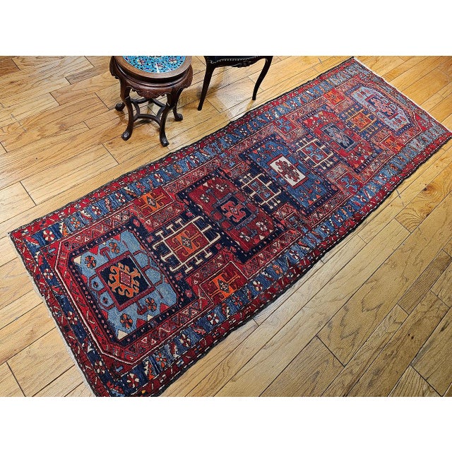 Persian Antique Northwest Persian Runner Rug, Hand-Knotted Wool, Geometric Medallions Pattern, 3x10, Blue & Red For Sale - Image 3 of 15