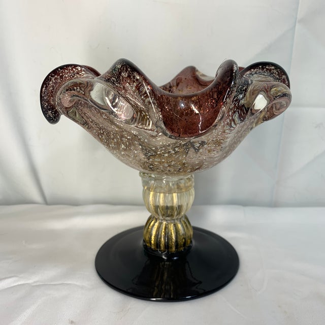 Mid-Century Modern Vintage Venetian Murano Art Glass Compote Pedestal Bowl Gold Fleck and Bullicante For Sale - Image 3 of 9