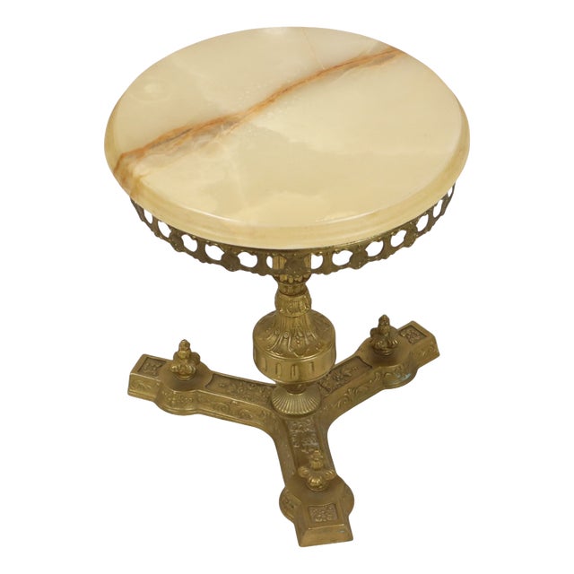 Vintage Brass Side Table with Round Onyx Marble Top, 1950s For Sale
