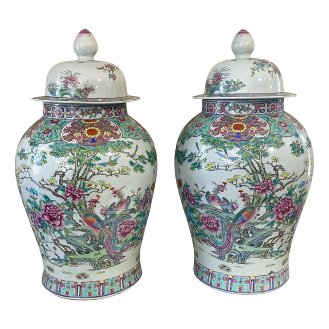 Vintage Lg Chinoiserie Famille Rose Porcelain Ginger Jars 26" H Pair For Sale