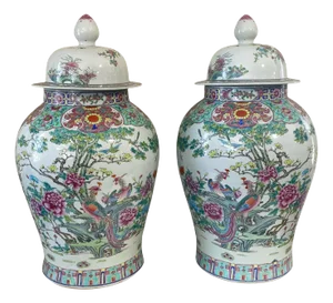 Vintage Lg Chinoiserie Famille Rose Porcelain Ginger Jars 26" H Pair