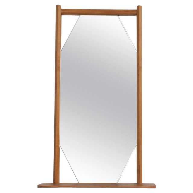 Italian Beechwood Framed Hexogan Shaped Wall Mirror with Shelf, 1960s For Sale