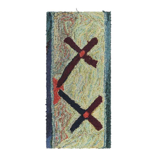 Antique Hooked With Geometric Patterns Over Green and Green Tones | Rug & Kilim For Sale