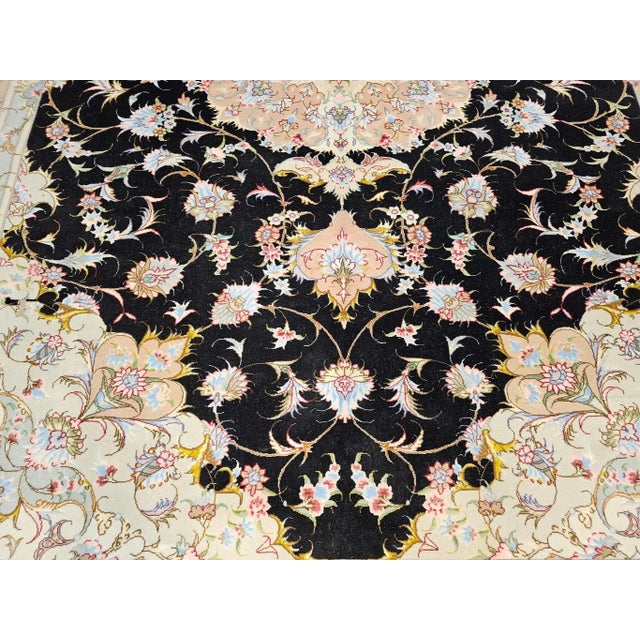 Persian Tabriz Rug, Handwoven Floral Pattern With Silk Highlights, Black & Ivory, 7’ X 10’ For Sale - Image 11 of 12