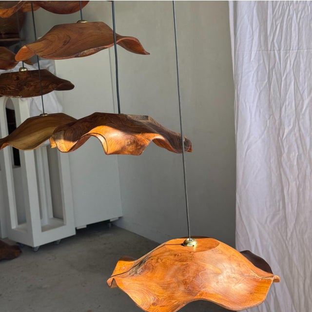 Flat Corrugated Leaf Pendant Light in Teak For Sale - Image 13 of 18