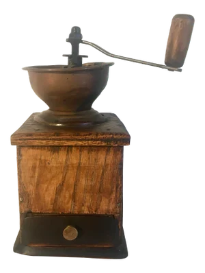 19th Century Antique Copper + Wood Coffee Grinder