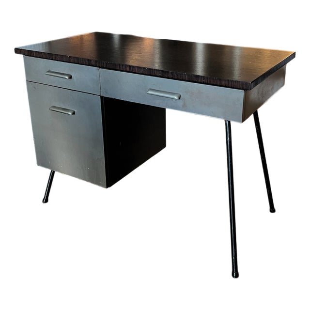 Vintage Metal Desk With Walnut Top For Sale
